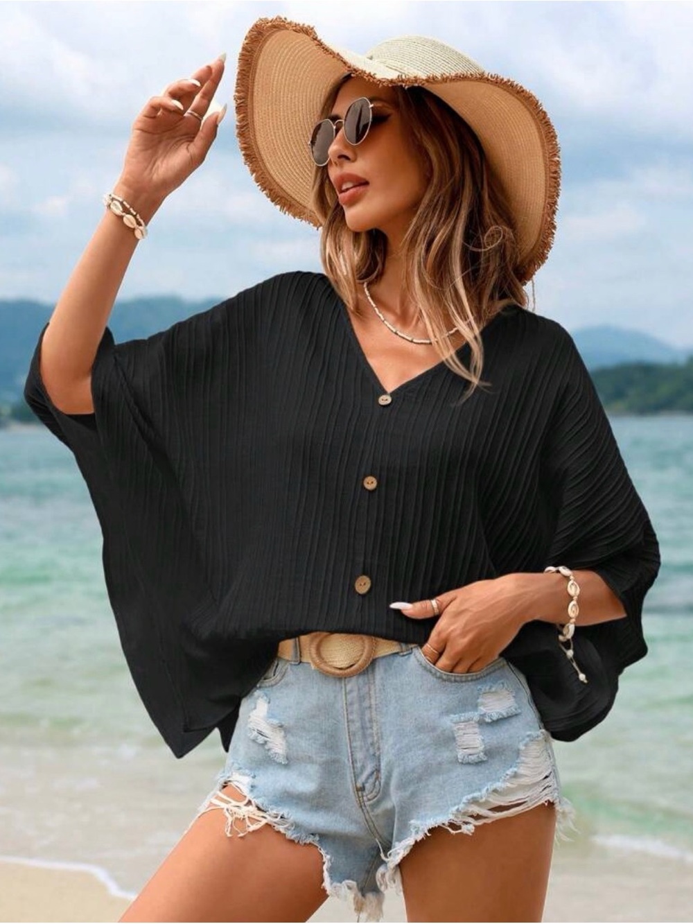 Black Button-Front Pleated V-Neck Women's Top